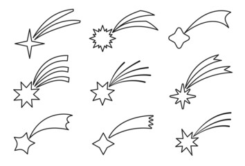 Comet falling star line outline black set. Meteorites, asteroids, sparks of fireworks isolated on white background. Shooting stars icon for apps and web. Vector illustration © Currant_Crescent