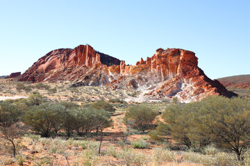 Fototapeta premium Amazing Rainbow Valley in Northern Territory, Australia, just outisde Alice Springs. Beautiful red and orange rock formation with blue sky and orange sands