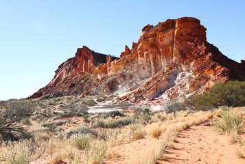 Amazing Rainbow Valley in Northern Territory, Australia, just outisde Alice Springs.  Beautiful red and orange rock formation with blue sky and orange sands
