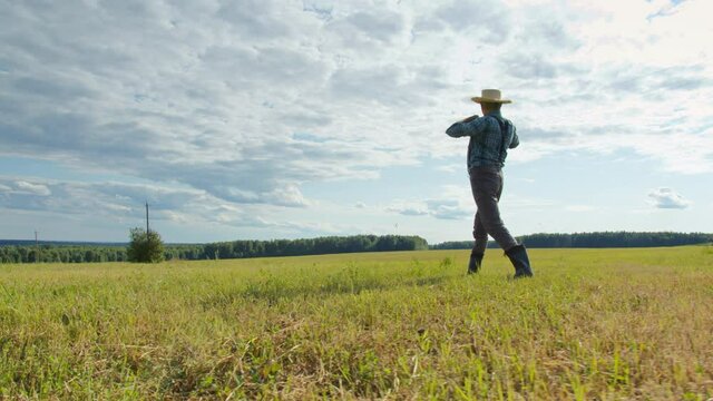 Farmer wearing straw hat, suspenders and rubber boots walking in mown field. Back view of gardener working in farmland. Man walks around plantation after farming work. Sunny day in countryside