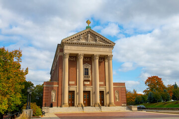 St. Joseph's Chapel in College of the Holy Cross with fall foliage in city of Worcester, Massachusetts MA, USA. 