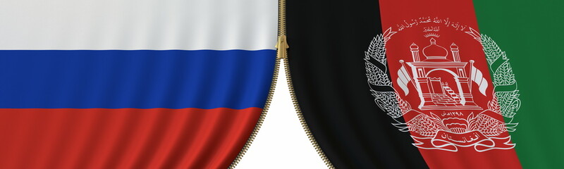 Russia and Afghanistan political cooperation or conflict, flags and closing or opening zipper, conceptual 3D rendering