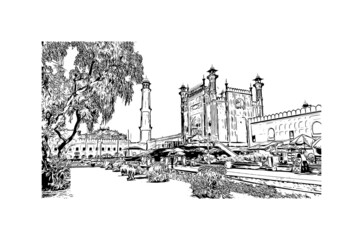 Building view with landmark of Lahore is the 
city in Pakistan. Hand drawn sketch illustration in vector.