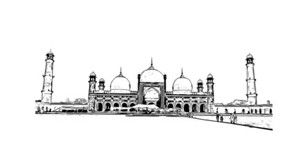 Building view with landmark of Lahore is the 
city in Pakistan. Hand drawn sketch illustration in vector.
