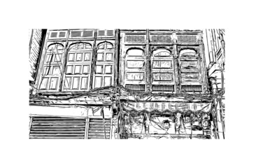 Building view with landmark of Lahore is the 
city in Pakistan. Hand drawn sketch illustration in vector.