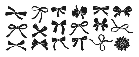 Bow ribbon black glyph set. Festive decoration, packaging, invitation elements for sale shopping Birthday Party, Valentine Day or Wedding design. Holiday anniversary surprise gift symbol