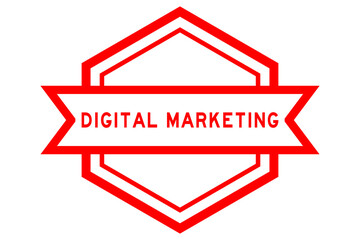 Vintage red color hexagon label banner with word digital marketing on white background