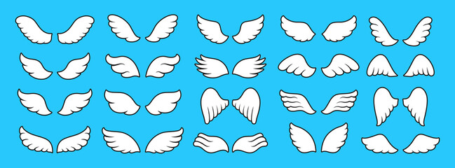 Wings icon simple cartoon set. Sign design elements. Winged line logo, angel or feather bird two wing. Modern minimalistic icons abstract vector isolated on blue background