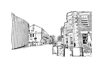Building view with landmark of Gloucester is a coastal city in Massachusetts.. Hand drawn sketch illustration in vector.