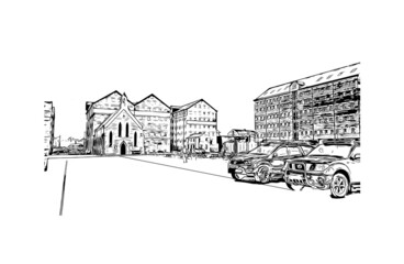 Building view with landmark of Gloucester is a coastal city in Massachusetts.. Hand drawn sketch illustration in vector.