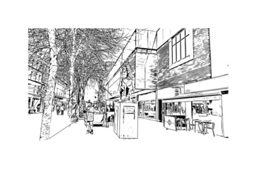 Building view with landmark of Gloucester is a coastal city in Massachusetts.. Hand drawn sketch illustration in vector.