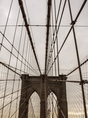 Brooklyn Bridge, upward view. Detail of the Bridge. New York, USA.