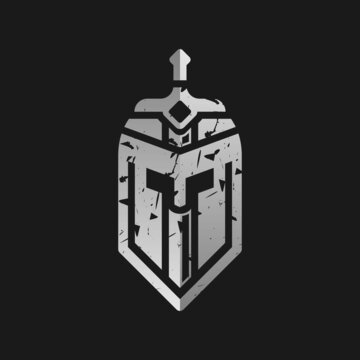spartan logo and vector design helmet and head, shield and helmet of the Spartan warrior symbol, emblem. Spartan helmet logo, vector illustration of spartan shield and helm,