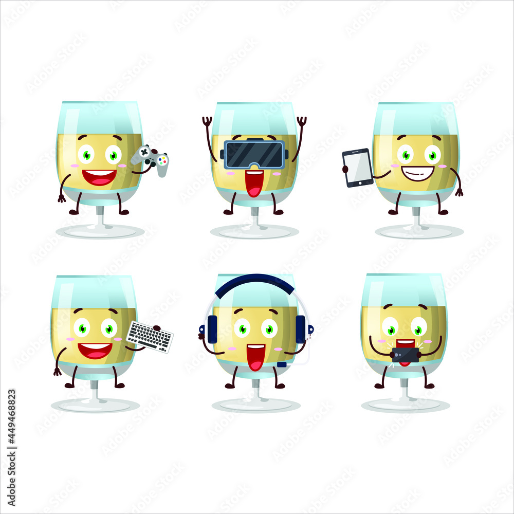 Sticker White wine cartoon character are playing games with various cute emoticons. Vector illustration