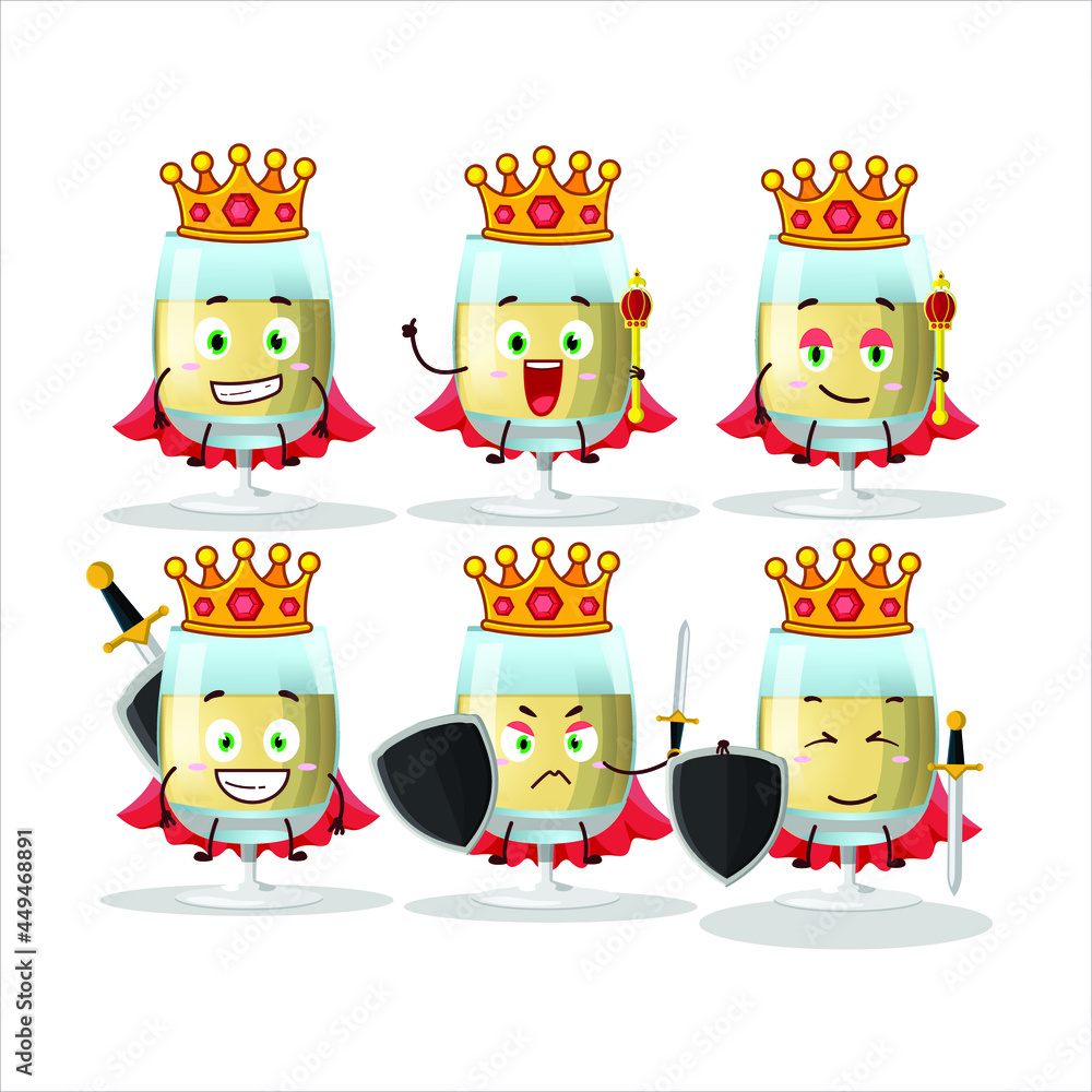 Poster a charismatic king white wine cartoon character wearing a gold crown. vector illustration