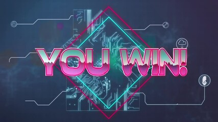 Animation of pink metallic text you win, over neon lines, on motherboard and network with icons - Powered by Adobe