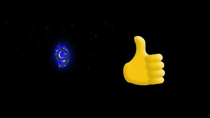 Digital animation of thumbs up icon and number nine on fire icon against black background - Powered by Adobe