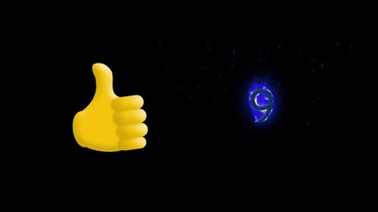 Digital animation of thumbs up icon and number nine on fire icon against black background - Powered by Adobe