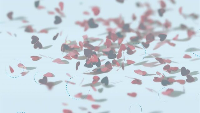 Multiple throbber icons floating over multiple hearts falling against white background