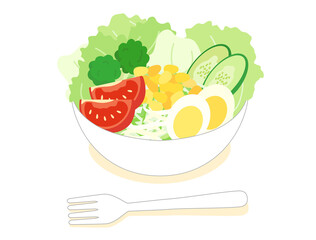 野菜たっぷりのサラダとフォークのイラスト