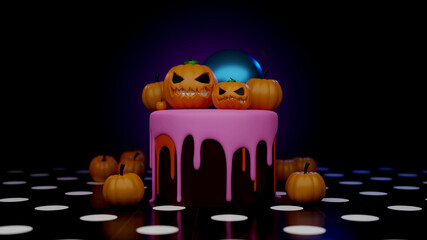 Jack O lantern Halloween pumpkin scary face on big chocolate cake and melt pink cream and pumpkin gang put on seamless white dot on black floor and dark violet backdrop 3D rendering  with copy space