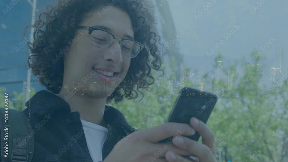 Poster digital composition of caucasian man smiling while using smartphone against cityscape