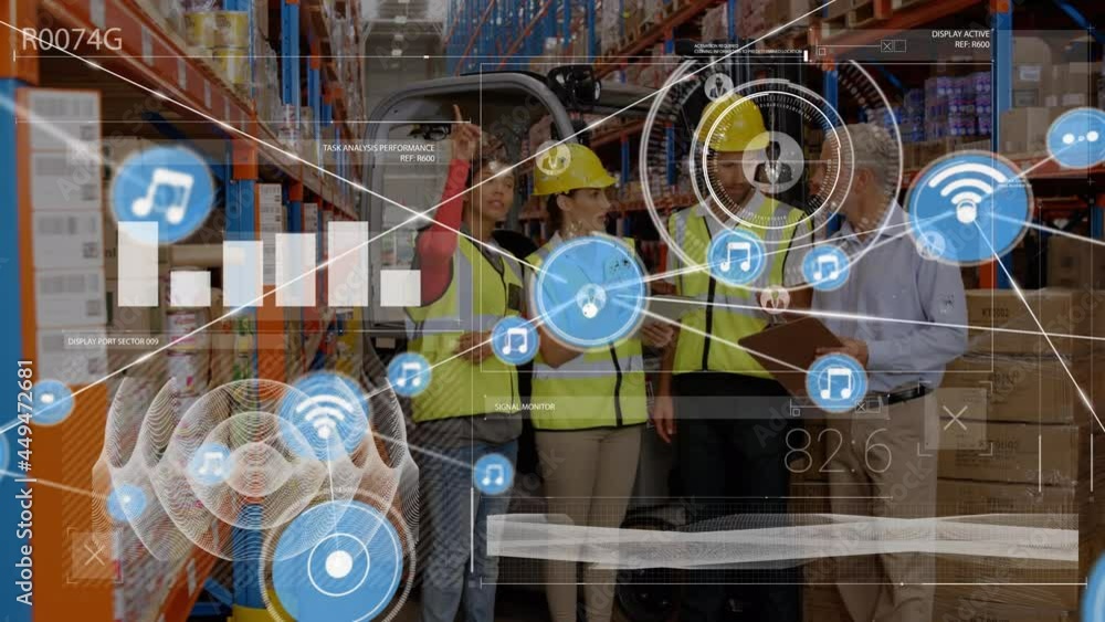 Poster data processing and network of digital icons against team of workers discussing at warehouse