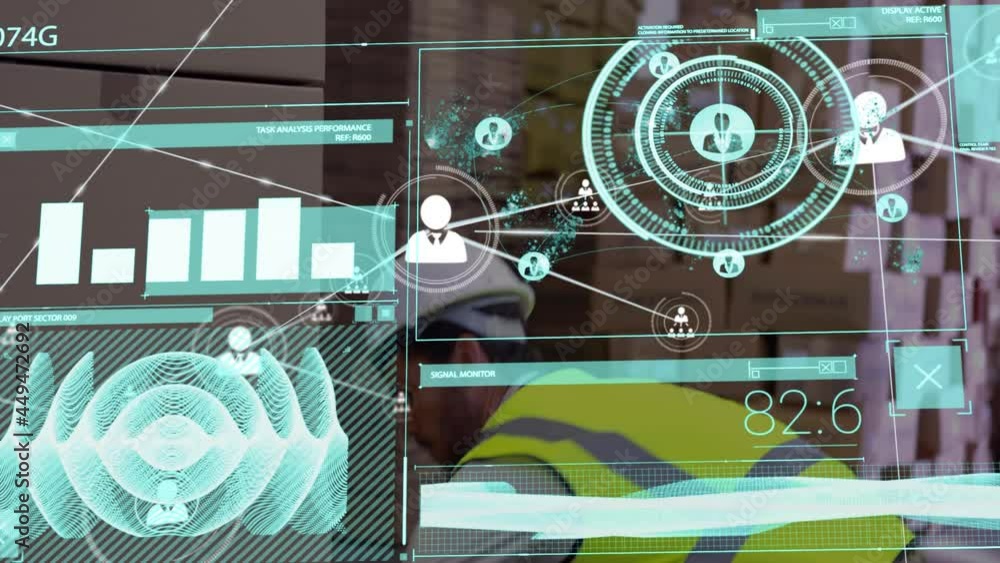 Poster digital interface with data processing against male worker stacking boxes at warehouse