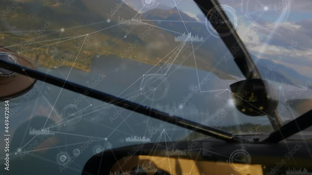 Poster network of connections and data processing against front view of dashboard of private aircraft