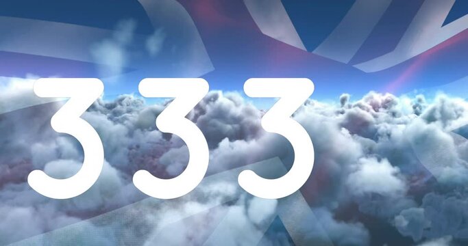 Increasing numbers and waving american flag against clouds in the sky