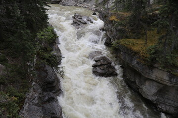 Amazing waterfalls in British Columbia, Canada. Beautiful Athabasca Falls in Jasper National Park. Epic Landscape and a wonderful nature in Canada.
