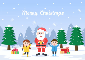 Merry Christmas, Cute Cartoon Santa Claus Background vector illustration and Friends With Snow Man, Some Gifts. For Landing Page In Flat Style Design