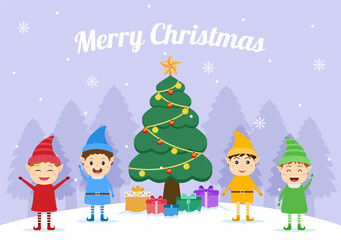 Fototapeta na wymiar Merry Christmas, Cute Cartoon Santa Claus Background vector illustration and Friends With Snow Man, Some Gifts. For Landing Page In Flat Style Design