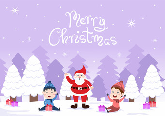 Obraz na płótnie Canvas Merry Christmas, Cute Cartoon Santa Claus Background vector illustration and Friends With Snow Man, Some Gifts. For Landing Page In Flat Style Design