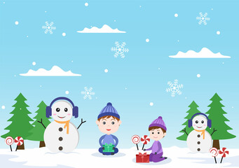 Merry Christmas, Cute Cartoon Santa Claus Background vector illustration and Friends With Snow Man, Some Gifts. For Landing Page In Flat Style Design