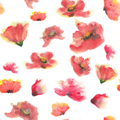 Poppy flower seamless pattern on white background, watercolor hand drawn - 449474257