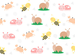 snail, bee, crab, ladybug really cute cartoon seamless pattern vector illustration