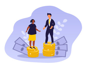 vector illustration on the theme of gender inequality in salaries. man and woman on different stacks of coins. trend illustration in flat style