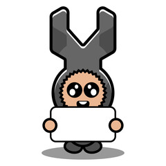 vector cartoon character mascot costume mechanical tool wrench cute doodle holding white board