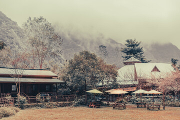Obraz premium Brown traditional wooden house with pavilions in the mist mountain in fall