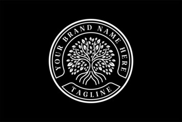 Family Tree of Life Stamp Seal Emblem Oak Banyan Maple Logo Design Vector