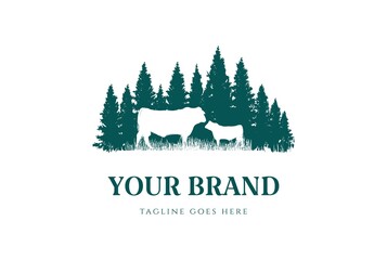 Pine Cedar Spruce Evergreen Cypress Larch Hemlock Fir Trees Forest with Angus Cow Bull for Cattle Livestock Farm Logo Design Vector