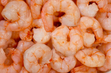 Closed up fresh peeled shrimps. Seafood top view.