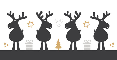 Weihnachten Silhouette mit Cartoon Rentieren Geschenke, Tannenbaum und Sterne
