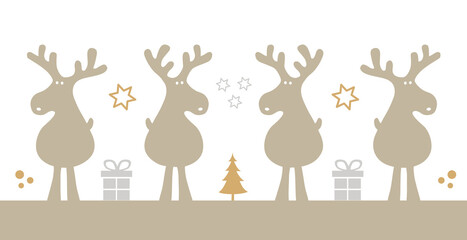 Weihnachten Rentier Gruppe Silhouette Cartoon mit  Geschenken, Tannenbaum und Sterne