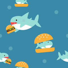 cute shark is eating burger fabric seamless cute pattern