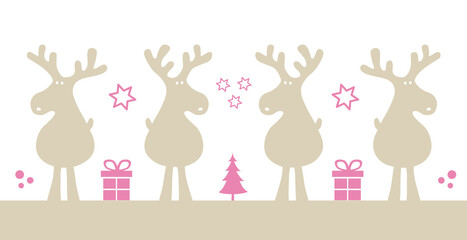 Silhouette Rentiere rosa, grau Cartoon mit Geschenken, Tannenbaum und Sterne