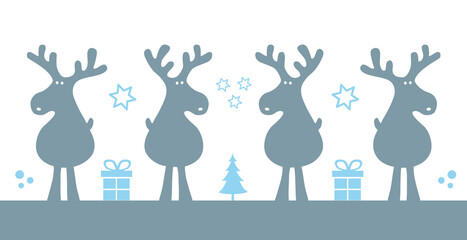 Silhouette Rentiere blau Cartoon mit Geschenken, Tannenbaum und Sterne