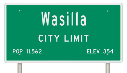 Rendering of a green highway sign with city information