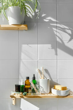 Zero waste and reusable bathroom cosmetics and toiletries. Wellness and sustainability. Shadows